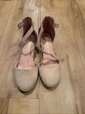 Kids Beige Suede D'Orsay Heels with Ankle Strap